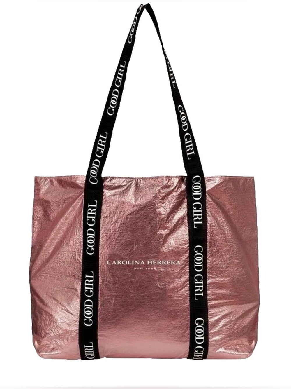 Carolina Herrera Metallic Rose 'Good Girl' Tote with Black Branded Straps